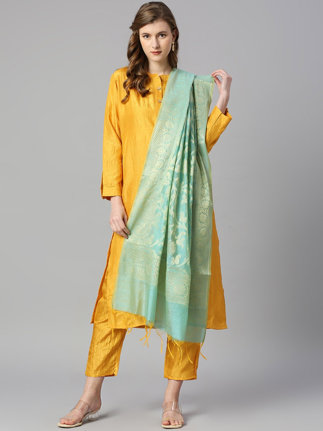 

BLACK SCISSOR Mandarin Collar Straight Kurta & Trousers With Dupatta, Yellow