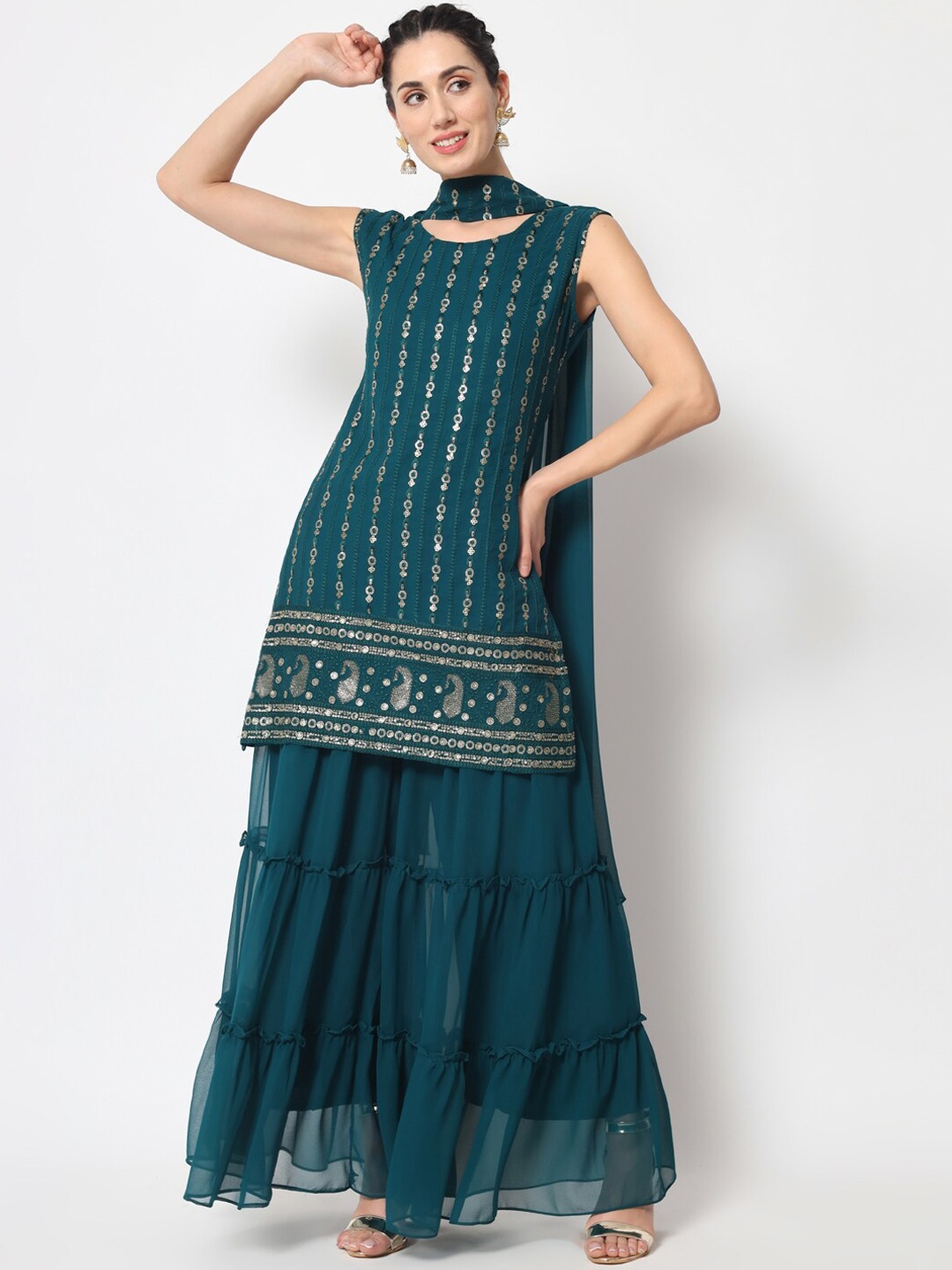 

BLACK SCISSOR Ethnic Motifs Embroidered Sequinned Georgette Kurta With Sharara & Dupatta, Teal