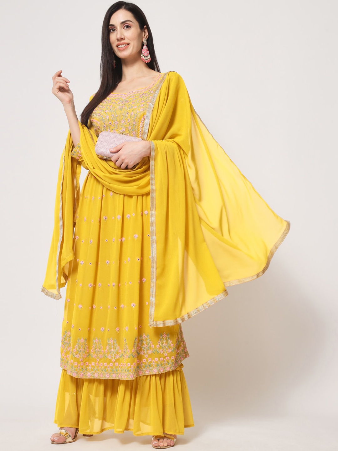 

BLACK SCISSOR Floral Embroidered Mirror Work Straight Kurta & Trousers With Dupatta, Yellow