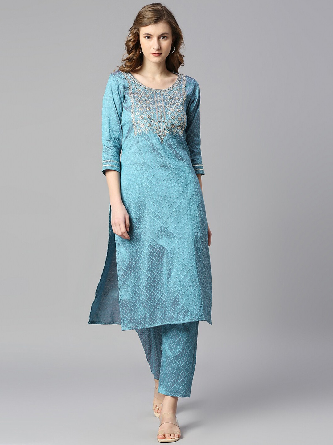 

BLACK SCISSOR Ethnic Motifs Woven Design Sequinned Kurta With Trousers, Blue