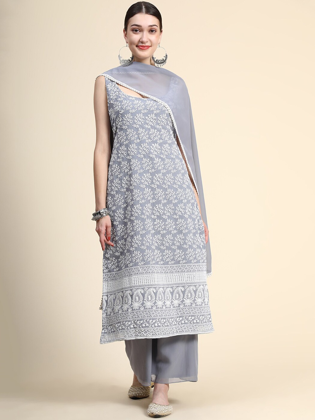 

BLACK SCISSOR Floral Embroidered Regular Thread Work Kurta With Palazzos & Dupatta, Grey