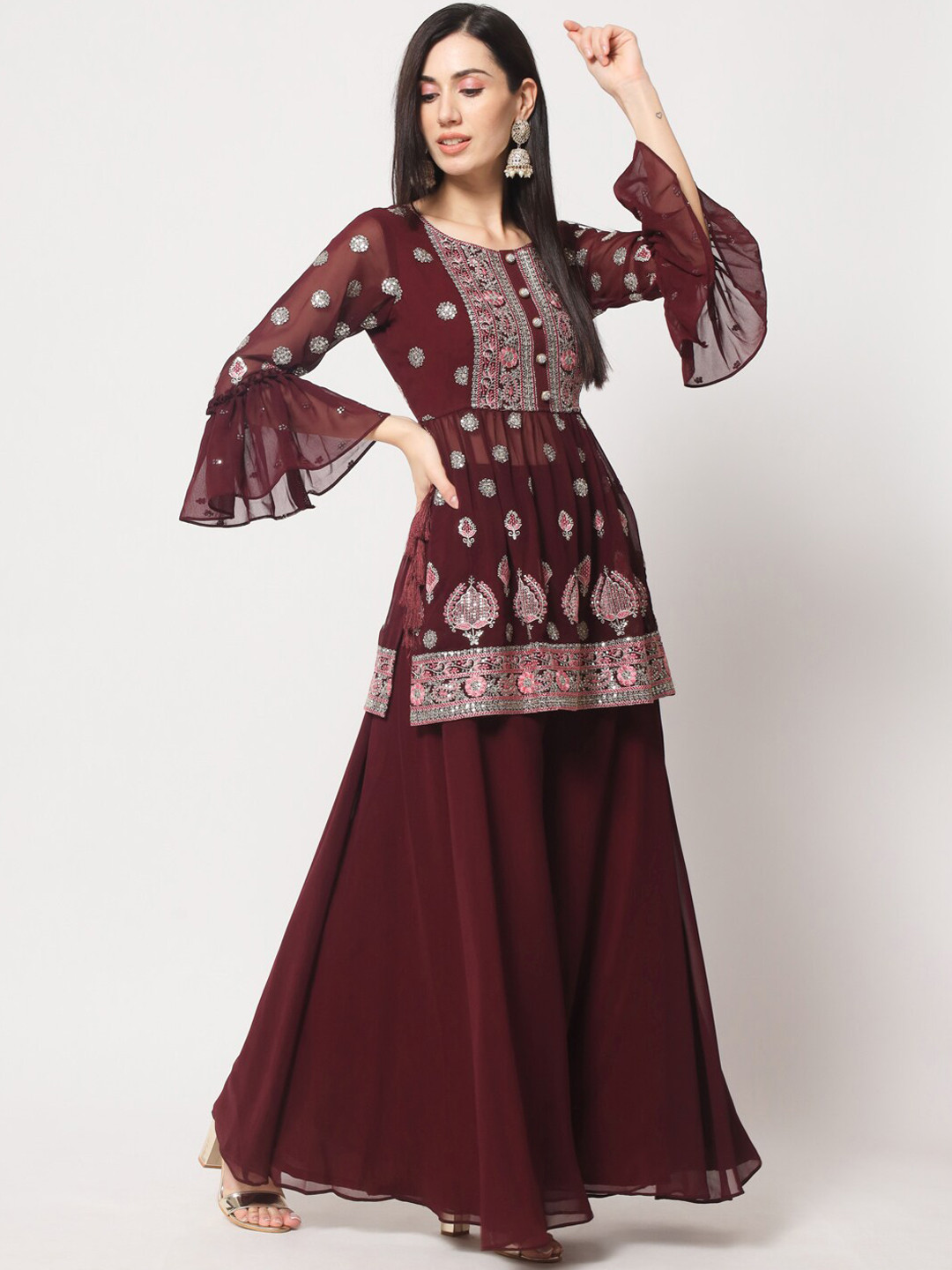 

BLACK SCISSOR Ethnic Motifs Embroidered Bell Sleeves Sequinned Pleated Georgette Kurta Set, Maroon