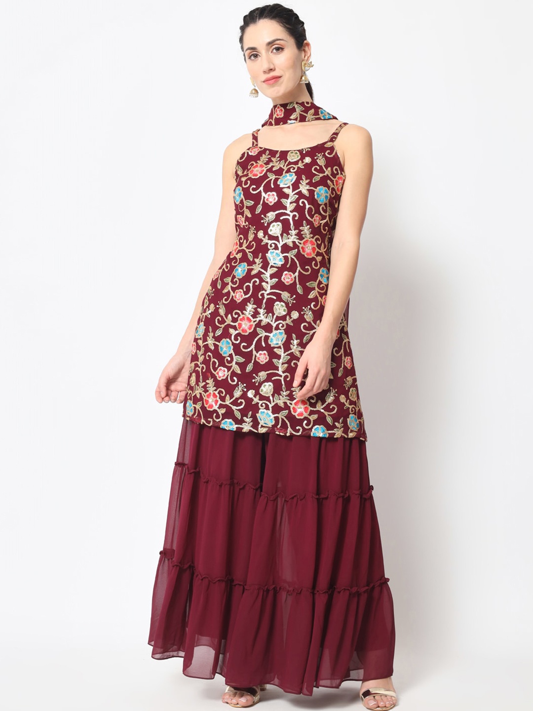 

BLACK SCISSOR Floral Embroidered Sequinned Kurta & Sharara With Dupatta, Burgundy