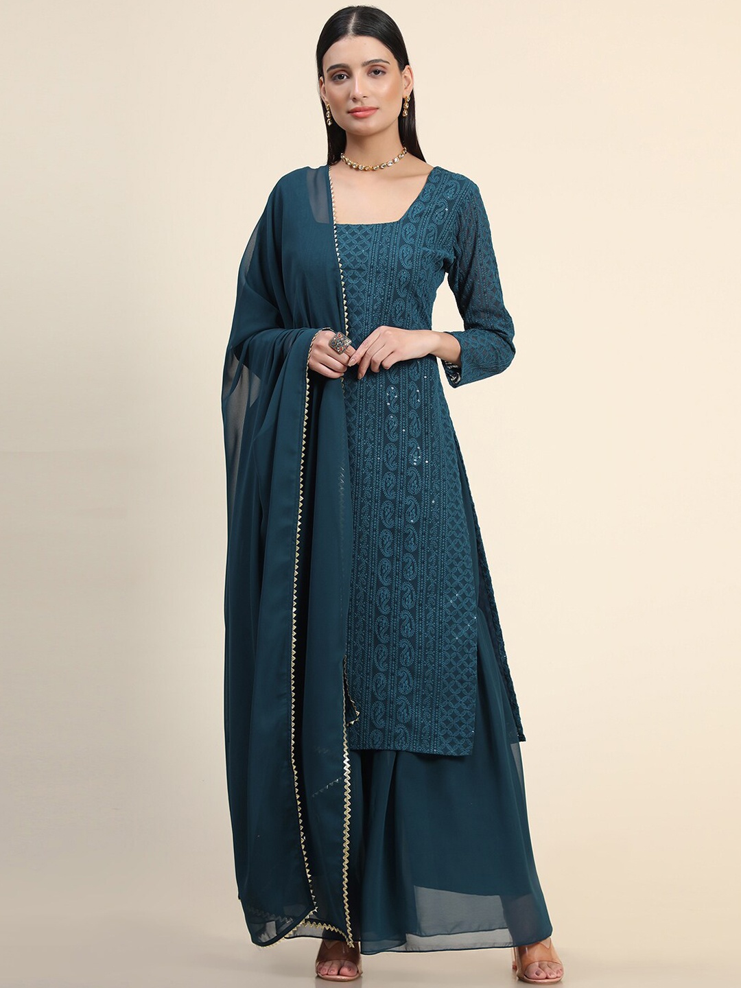 

BLACK SCISSOR Ethnic Motifs Embroidered Sequinned Georgette Kurta With Sharara & Dupatta, Teal