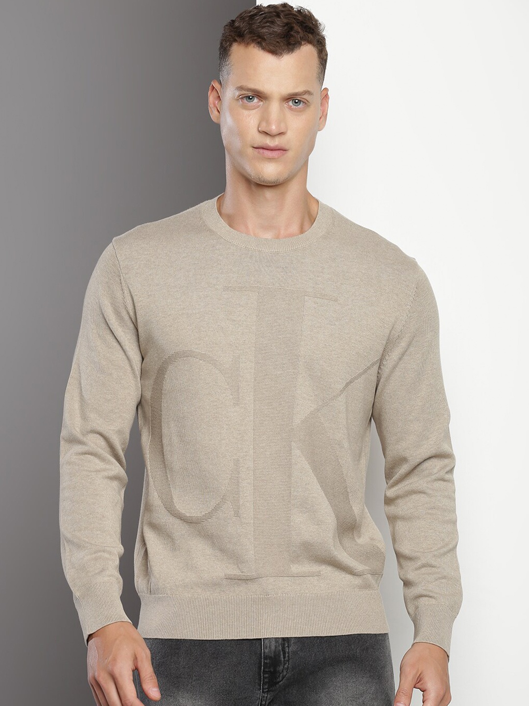 

Calvin Klein Jeans Brand Logo Self Design Round Neck Cotton Pullover, Beige
