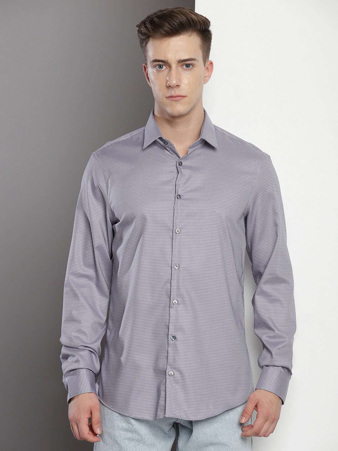 

Calvin Klein Slim Fit Opaque Micro Ditsy Printed Cotton Casual Shirt, Purple