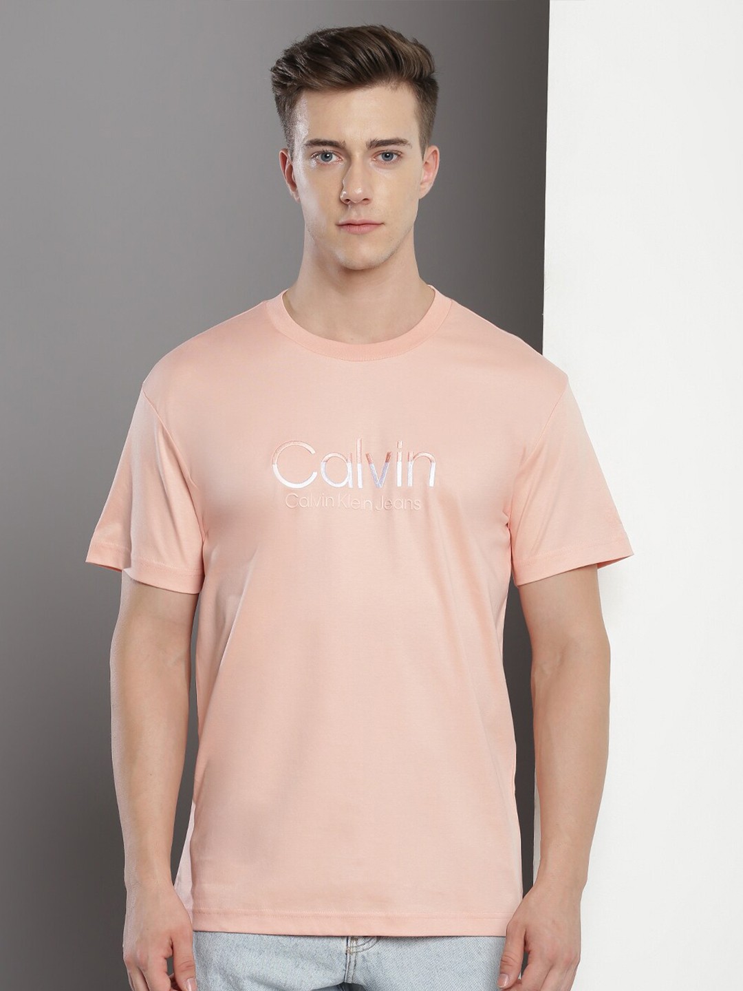

Calvin Klein Jeans Typography Printed Cotton T-shirt, Peach