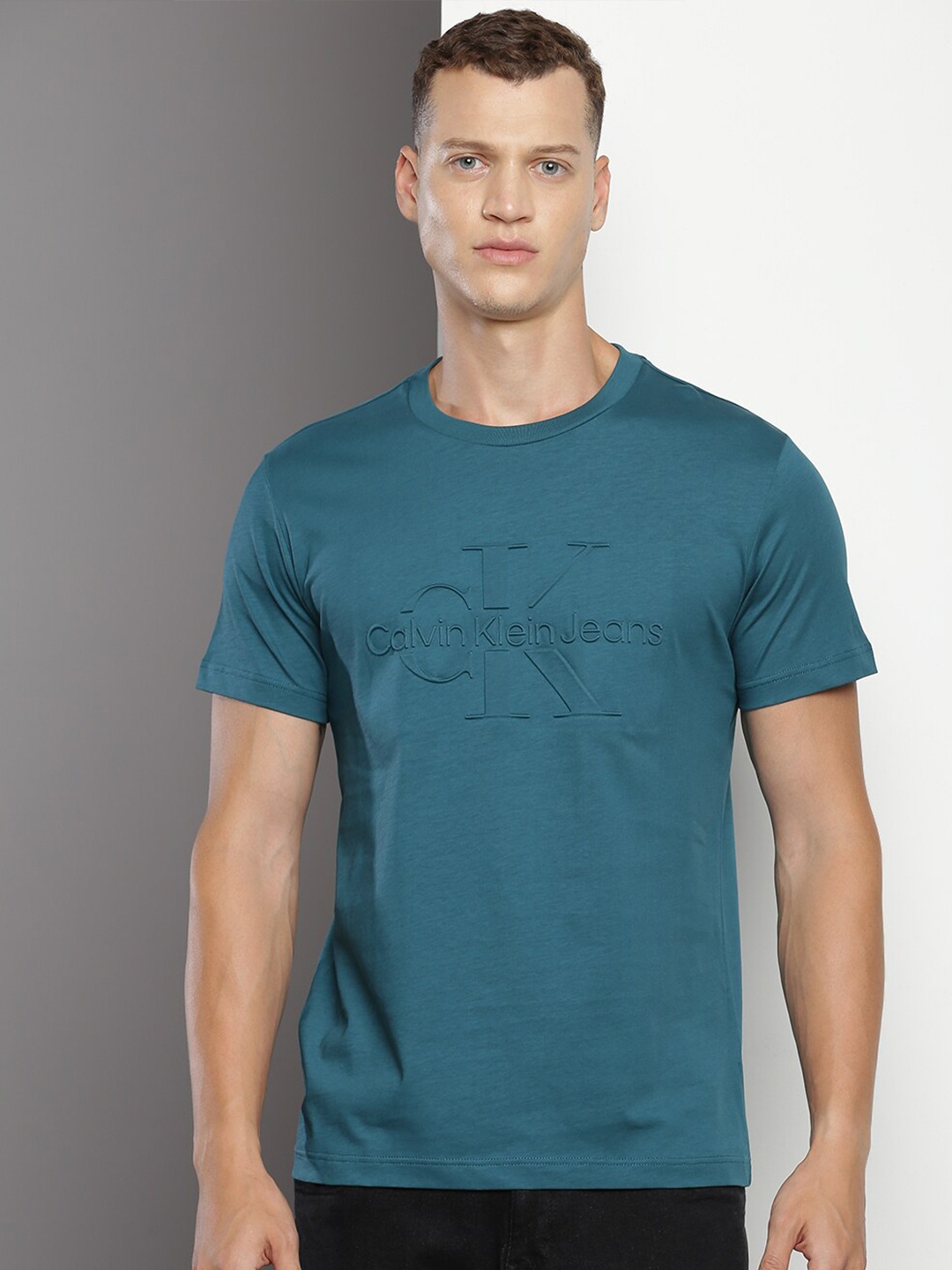 

Calvin Klein Jeans Typography Printed Cotton T-shirt, Teal