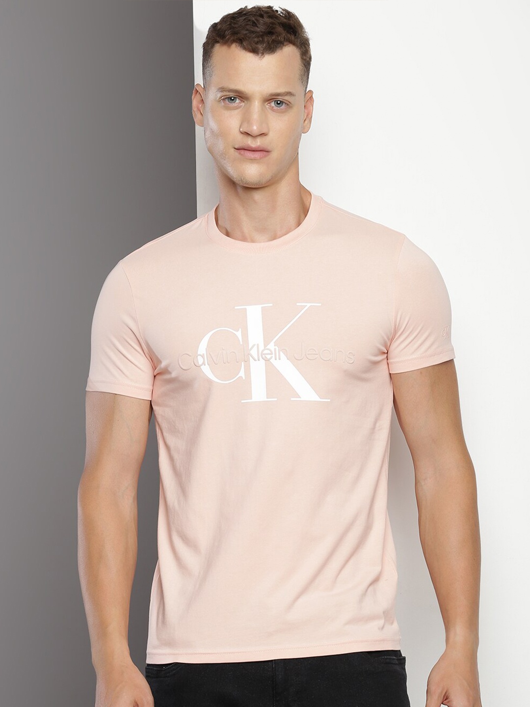 

Calvin Klein Jeans Typography Printed Cotton Slim Fit T-shirt, Peach