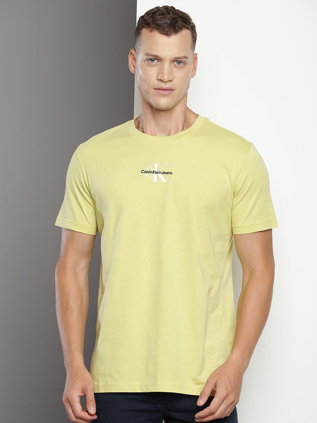 

Calvin Klein Jeans Typography Printed Cotton T-shirt, Yellow