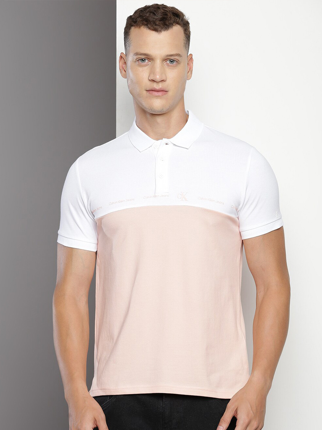 

Calvin Klein Colourblocked Polo Collar Cotton Slim Fit T-shirt, Peach