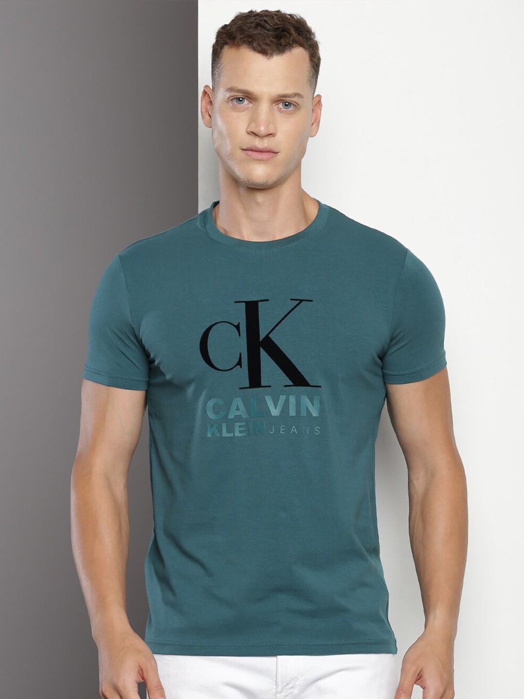 

Calvin Klein Typography Printed Cotton Slim Fit T-shirt, Teal