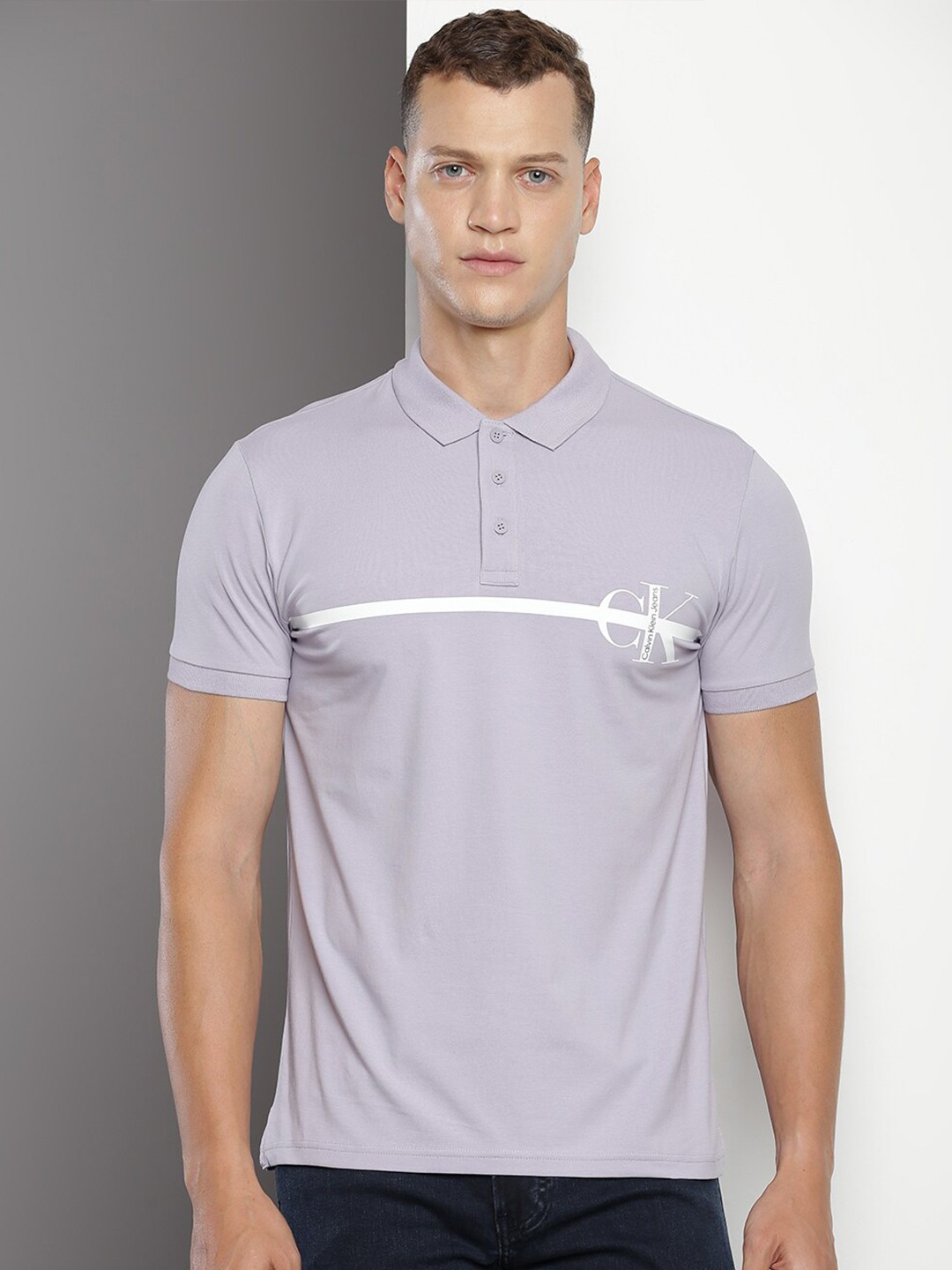 Calvin Klein Typography Printed Polo Collar Cotton Slim Fit T-shirt, Purple