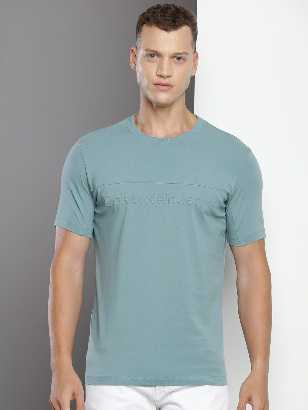 

Calvin Klein Jeans Typography Printed Cotton Slim Fit T-shirt, Teal