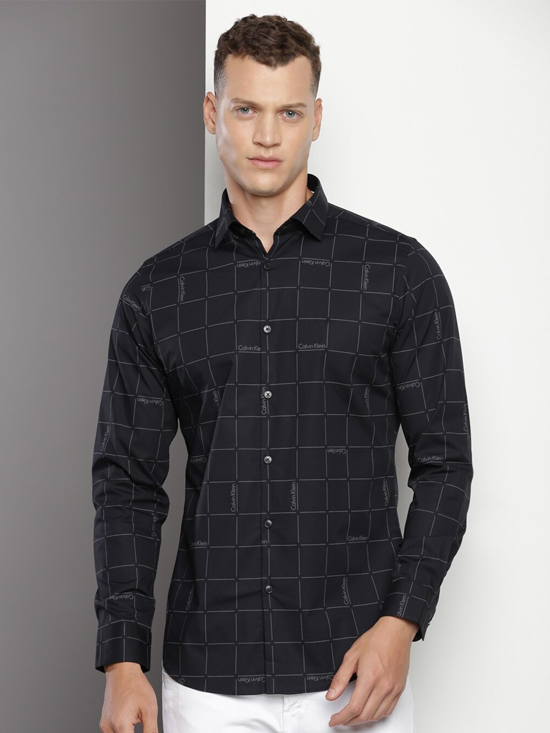 

Calvin Klein Slim Fit Windowpane Checked Opaque Cotton Casual Shirt, Black