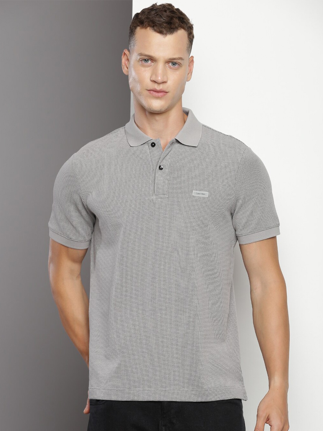 

Calvin Klein Self Design Polo Collar Cotton T-shirt, Grey