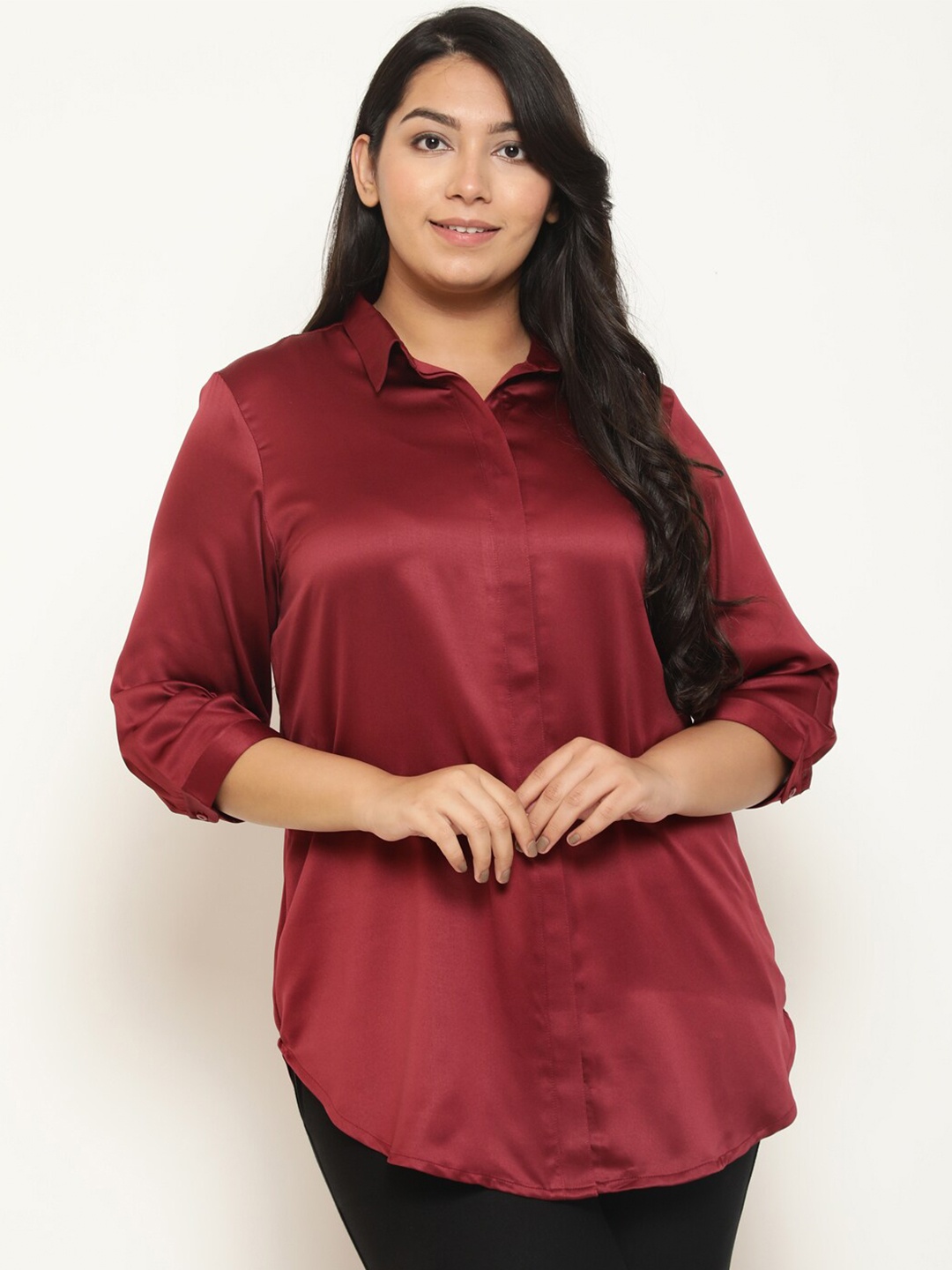 

Amydus Plus Size Spread Collar Satin Casual Shirt, Maroon