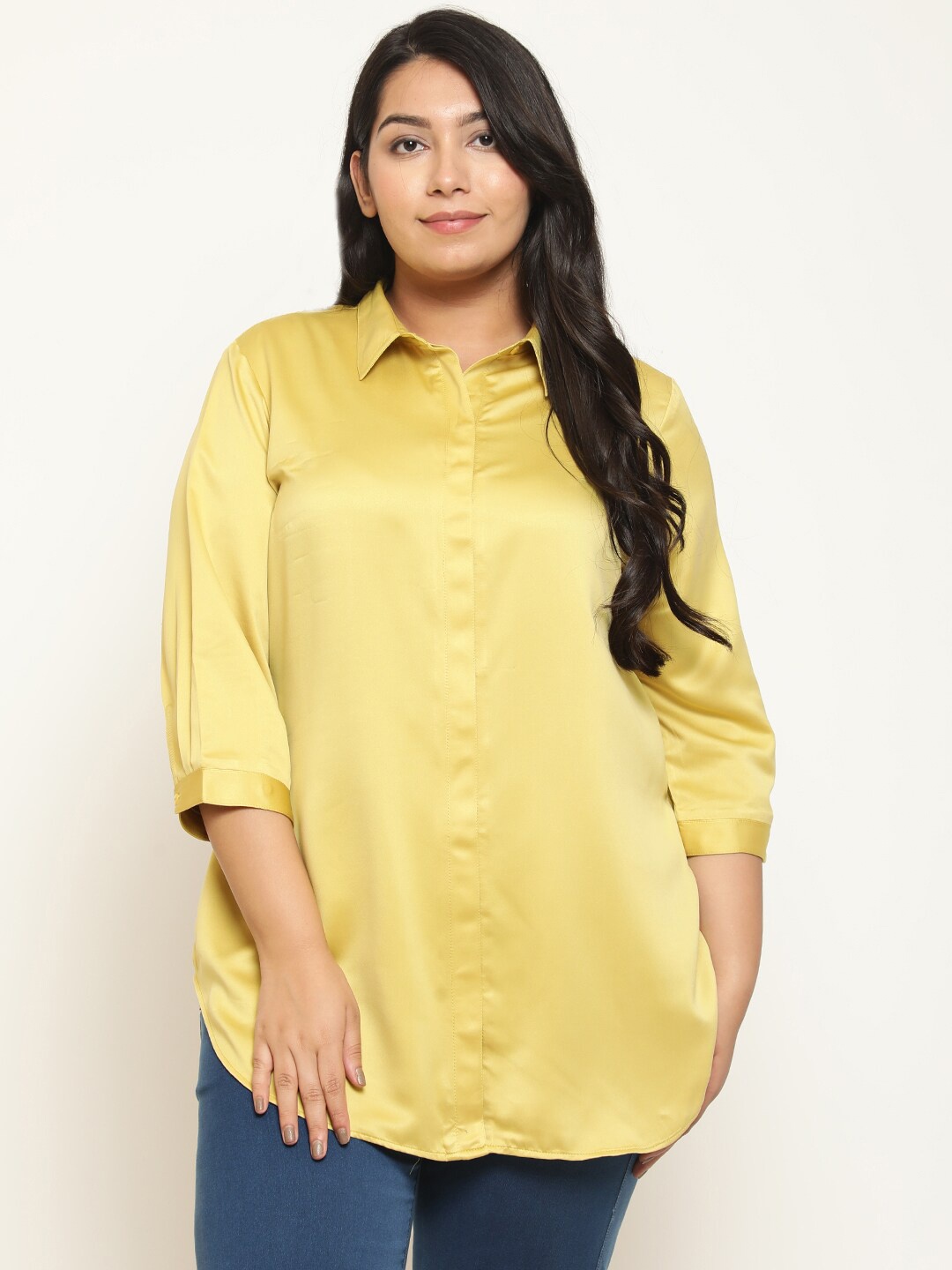 

Amydus Plus Size Spread Collar Satin Casual Shirt, Yellow