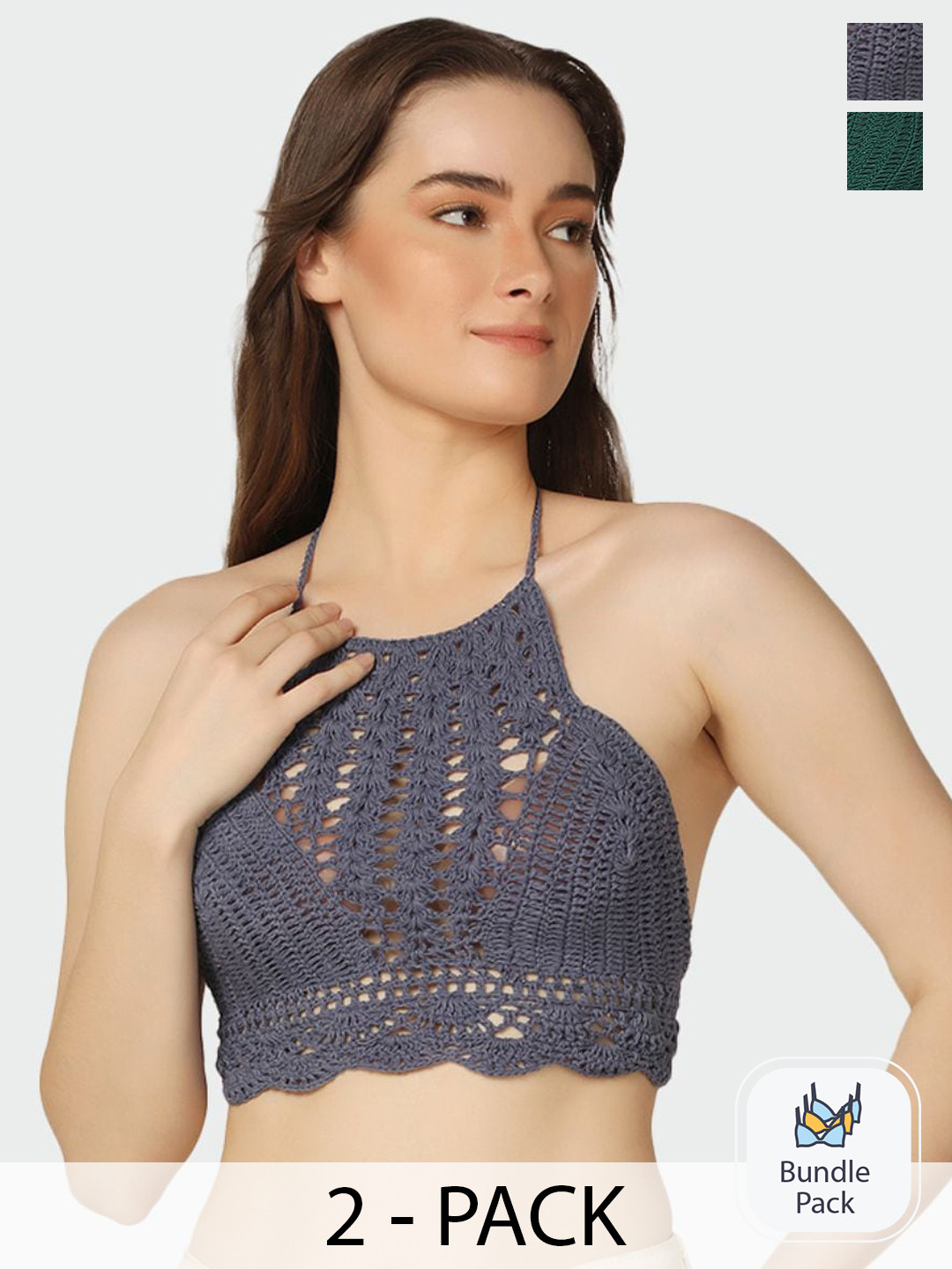 

Da Intimo Pack Of 2 Self Design Halter Neck Crochet Detail Cotton Swim Tops, Green