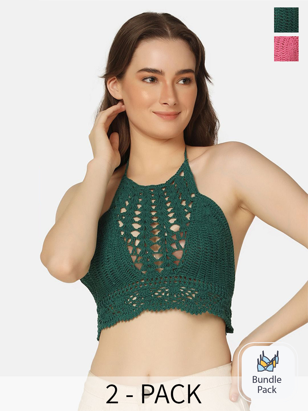 

Da Intimo Pack Of 2 Crochet Halter Neck Cotton Swim Tops, Green