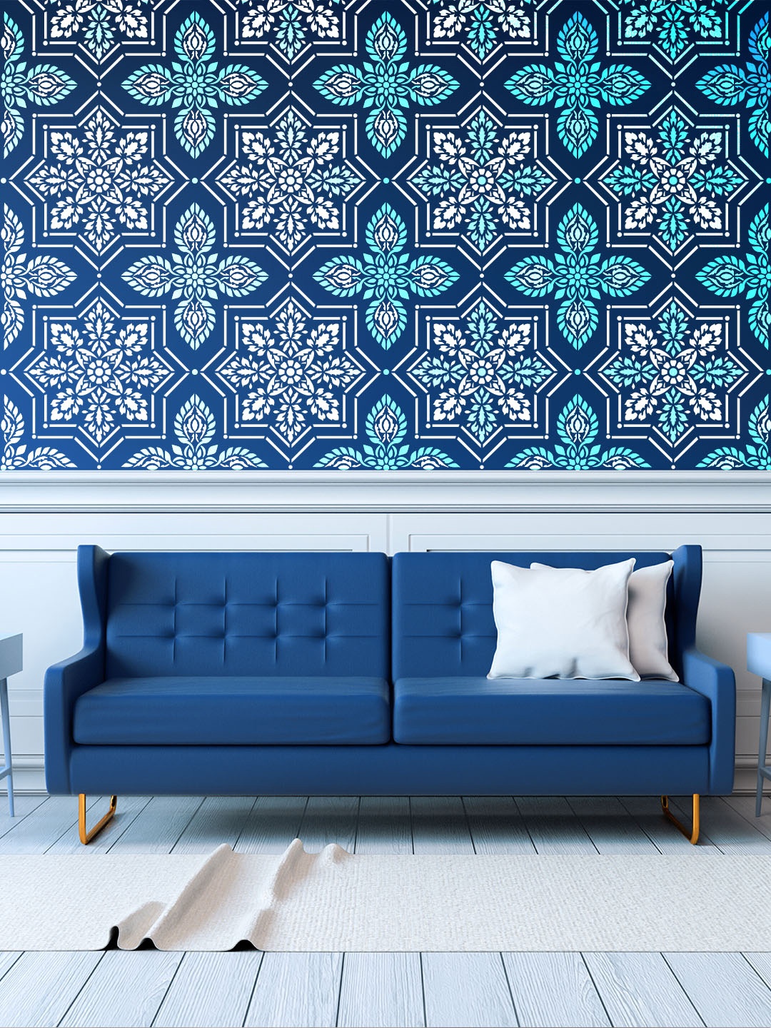 

KAYRA DECOR White & Green Damask Design Stencils for Wall Painting