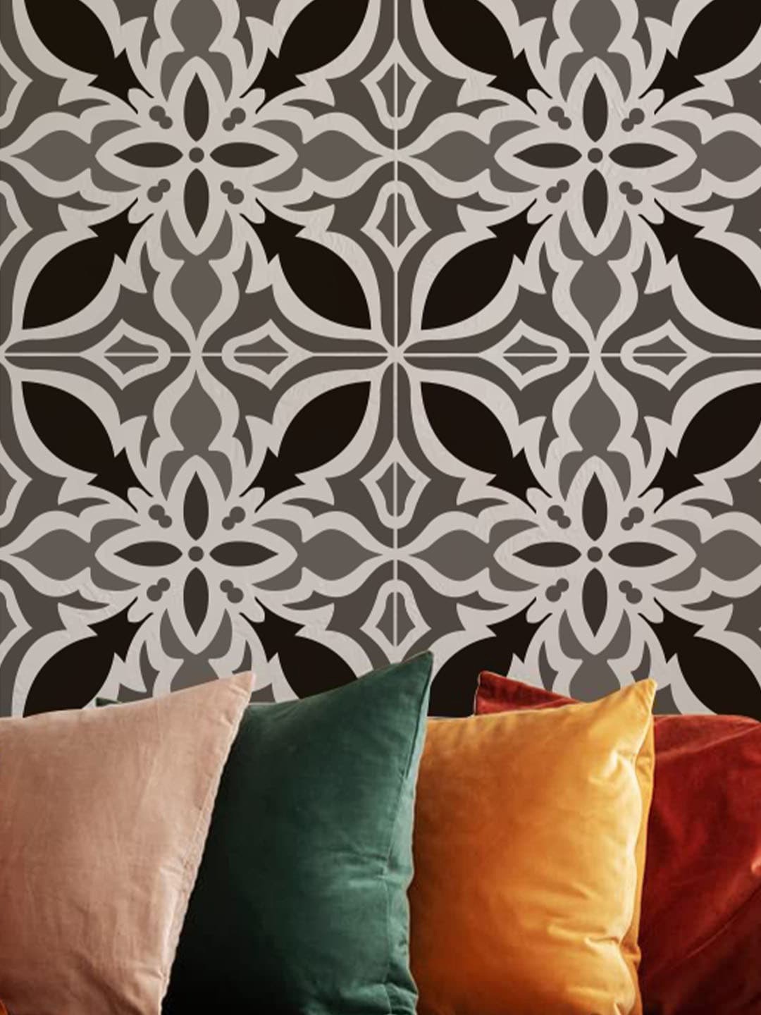 KAYRA DECOR White & Grey Quadro Tile Design Wall Painting Stencils