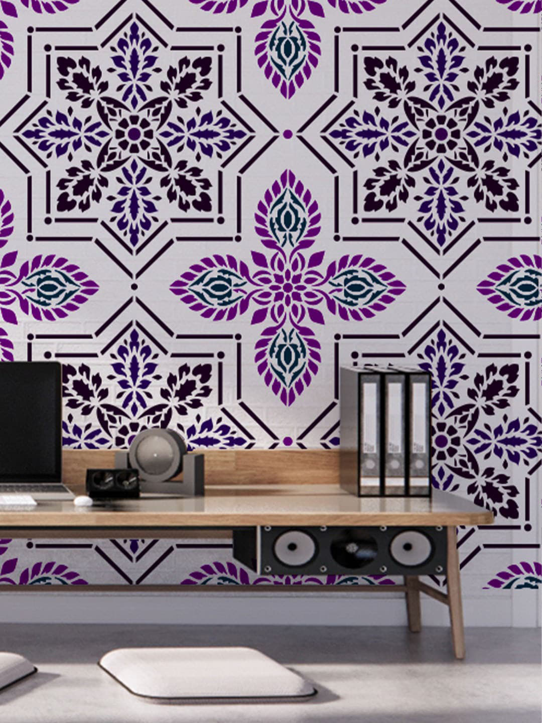 

KAYRA DECOR White & Green Damask Design Wall Stencils