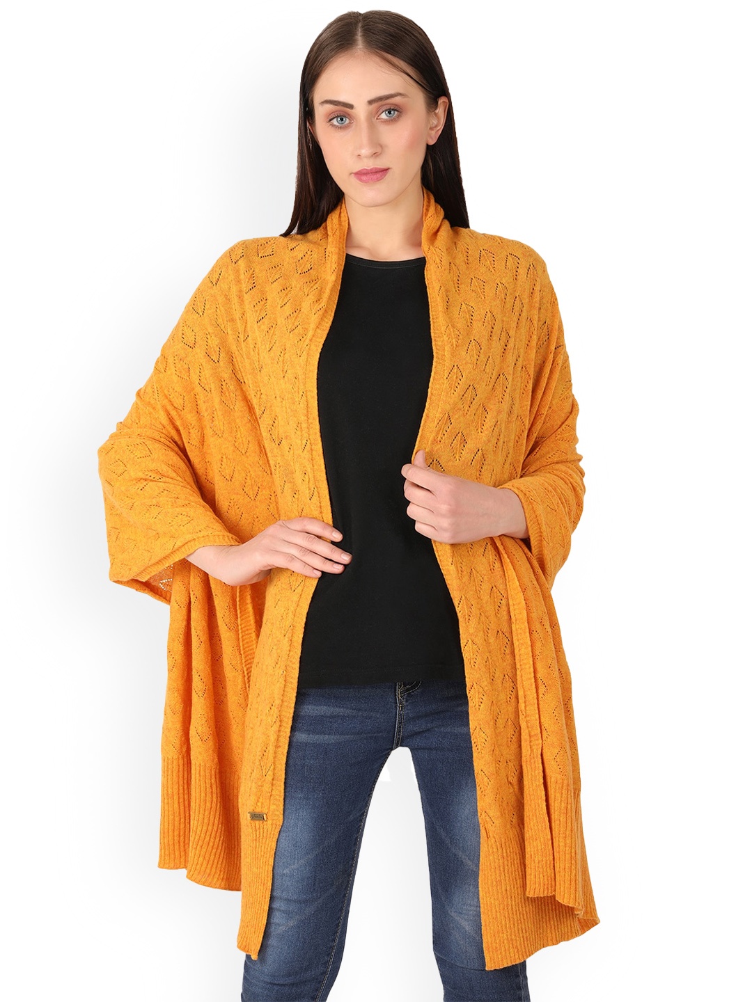 

Pluchi Geometric Self Design Knitted Shawl, Orange