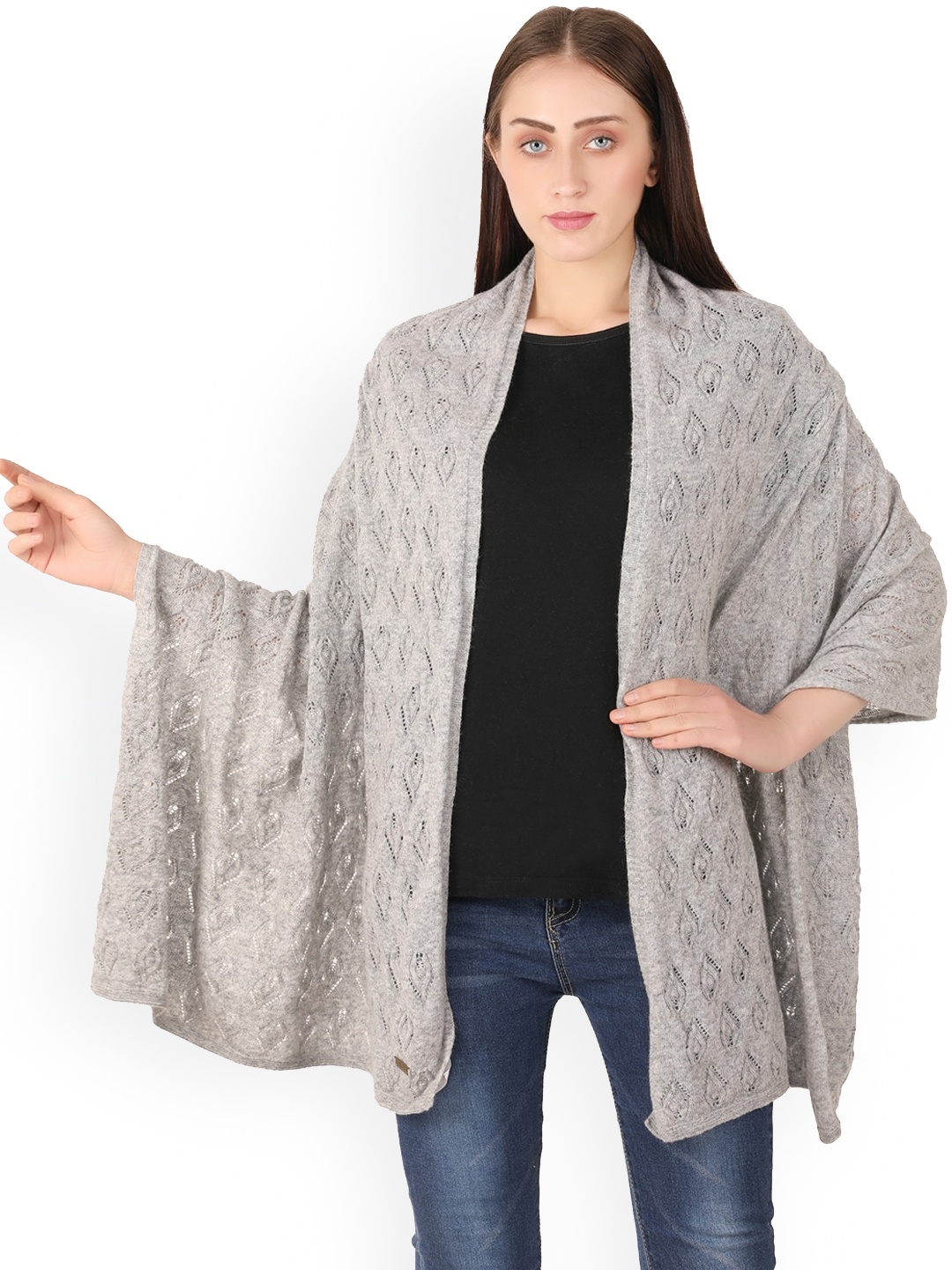 

Pluchi Geometric Self Design Knitted Shawl, Grey