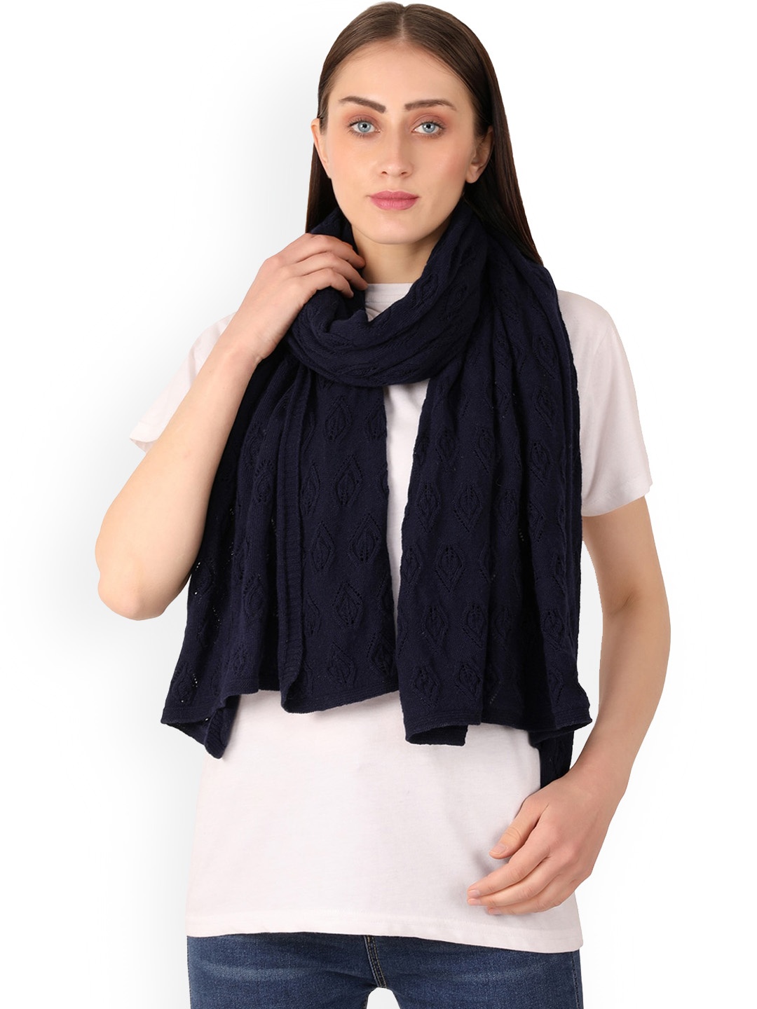 

Pluchi Geometric Self Design Knitted Shawl, Navy blue