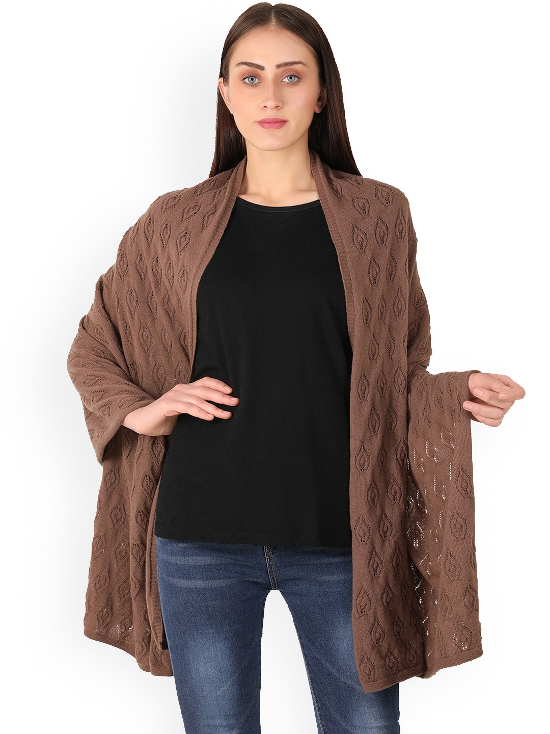 

Pluchi Geometric Self Design Knitted Shawl, Coffee brown