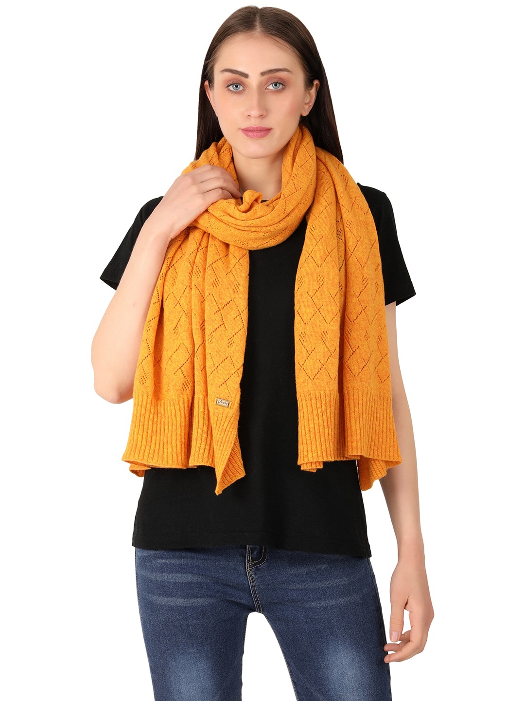 

Pluchi Geometric Self Design Knitted Shawl, Orange