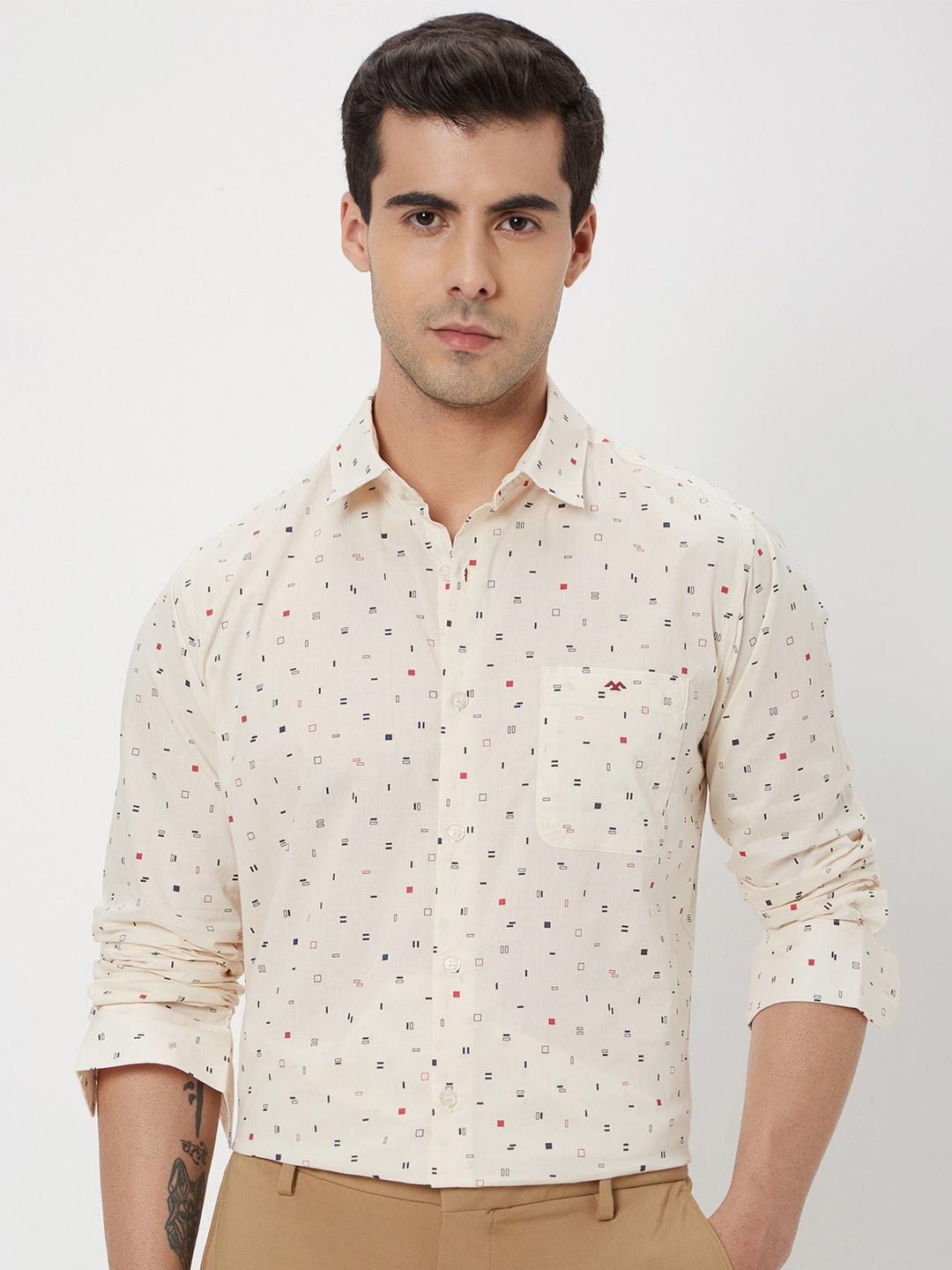 

Mufti Micro Ditsy Printed Classic Slim Fit Pure Cotton Casual Shirt, Off white