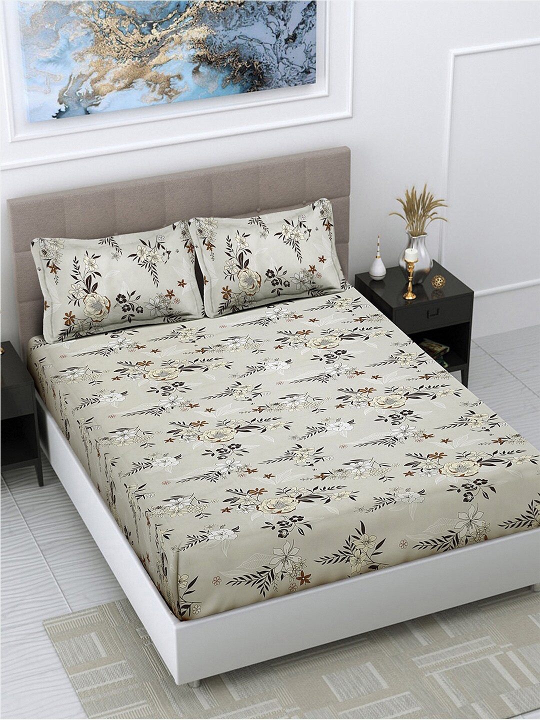 

FABINALIV Green & Brown Floral Print 300 TC King Size Bedsheet & 2 Pillow Covers