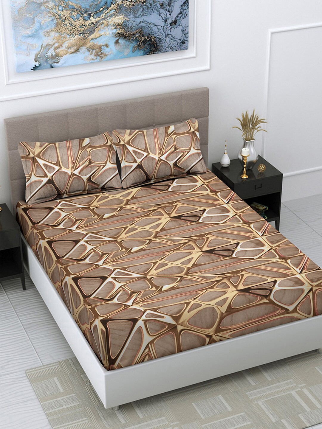 

FABINALIV Brown Geometric Print 300 TC King Size Bedsheet & 2 Pillow Covers