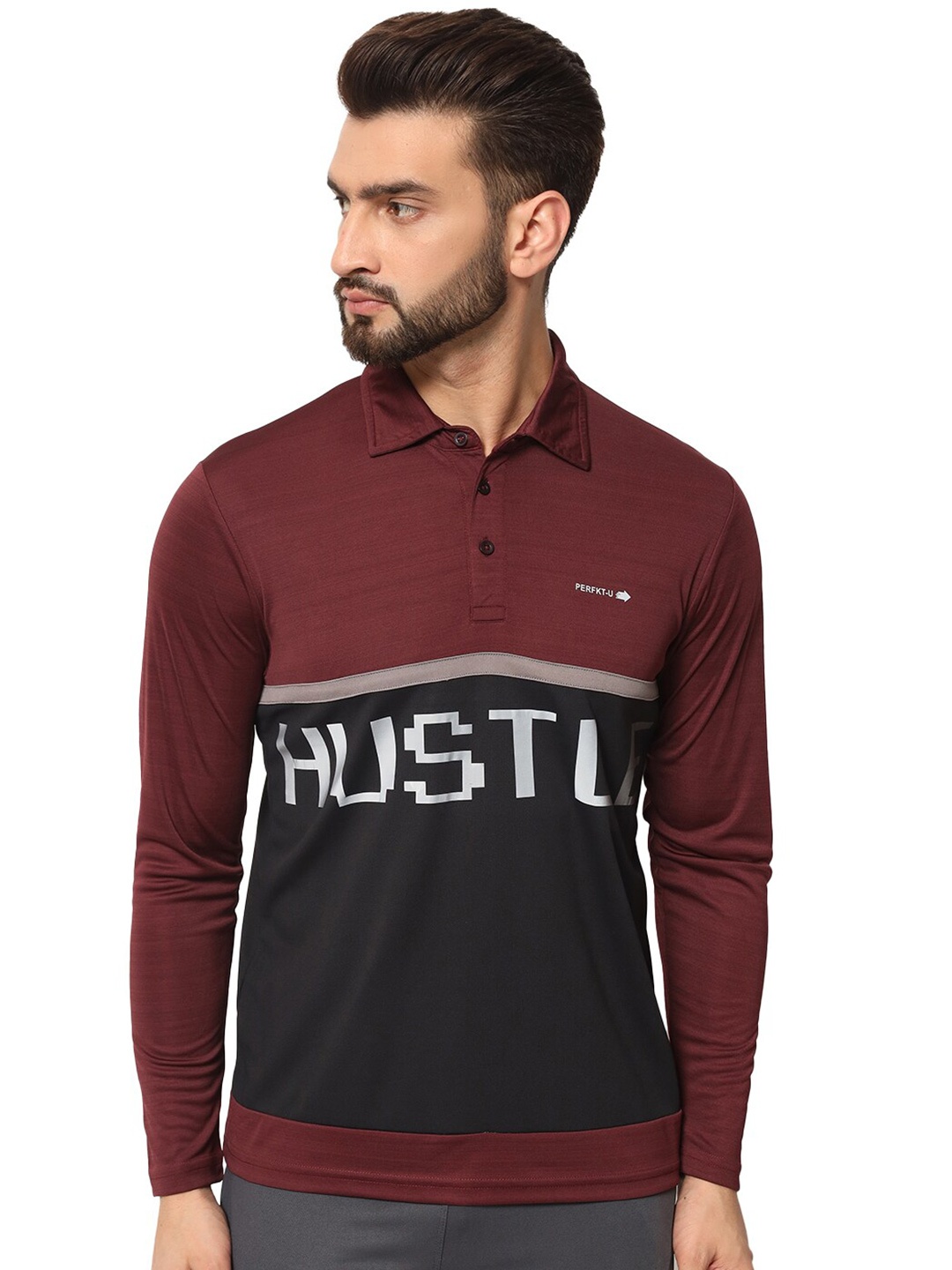PERFKT-U Typography Printed Polo Collar Antimicrobial Sports T-shirt, Maroon