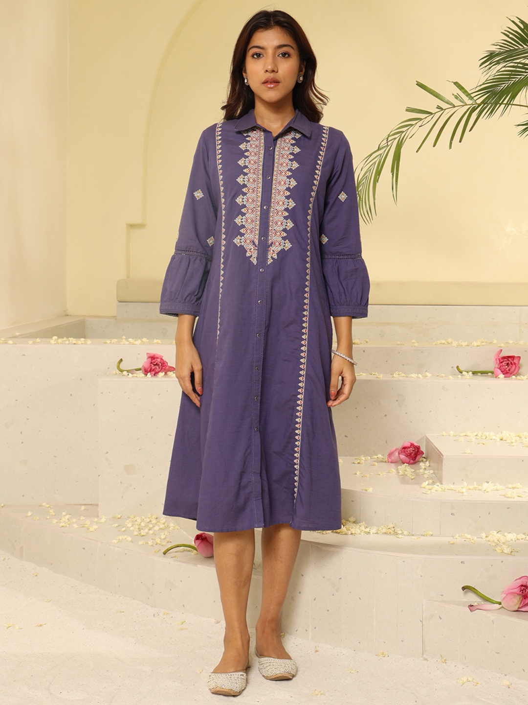 

Lakshita Ethnic Motifs Embroidered Ethnic Shirt Dress, Purple