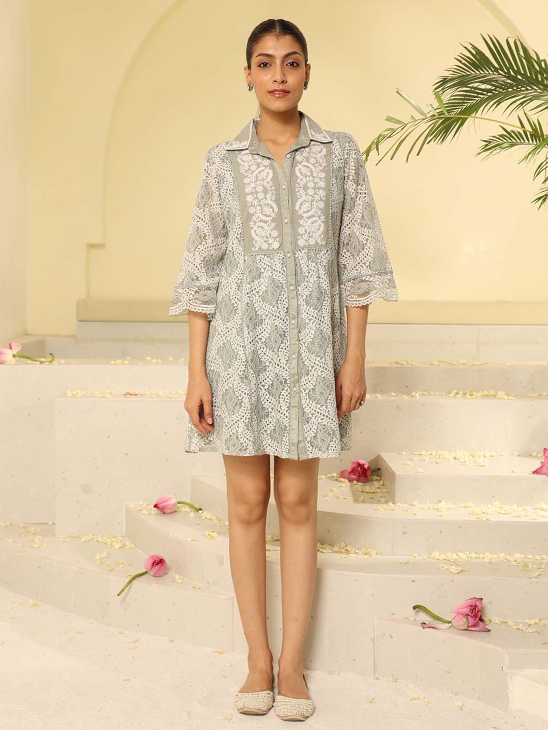 Lakshita Floral Self Design Lace Collared A-Line Ethnic Dress, Green