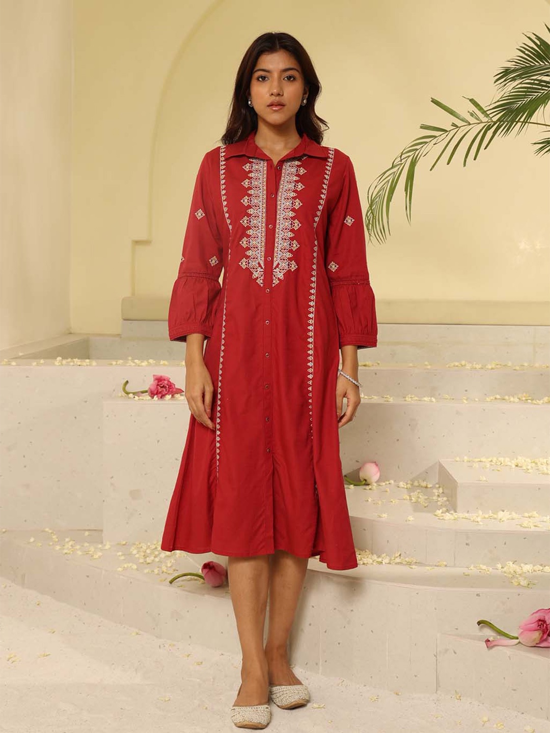 

Lakshita Ethnic Motifs Embroidered A-Line Midi Ethnic Dress, Red