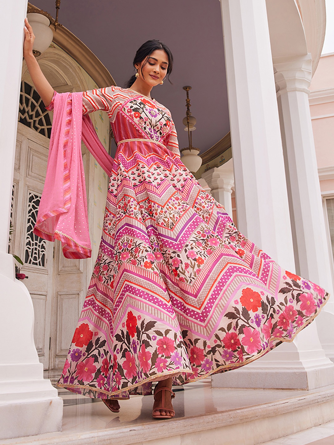 

WISHFUL Ethnic Motifs Printed Sequinned Fit & Flare Maxi Ethnic Dress With Dupatta, Pink