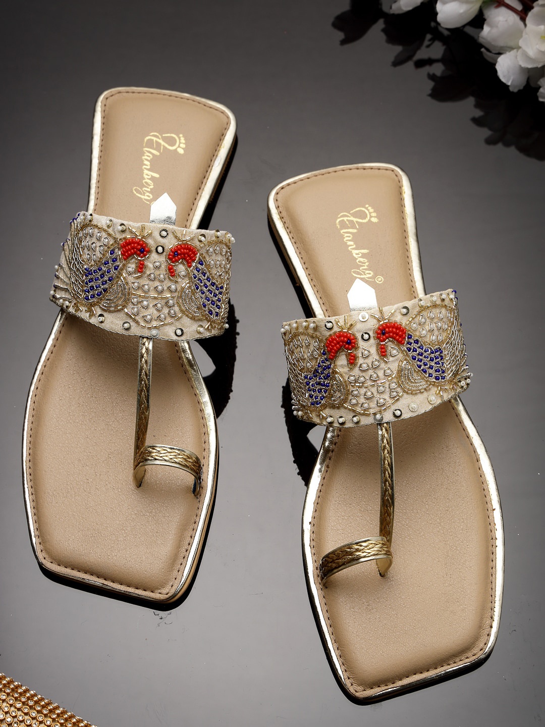 

ELANBERG Ethnic Embellished One Toe Flats, Gold