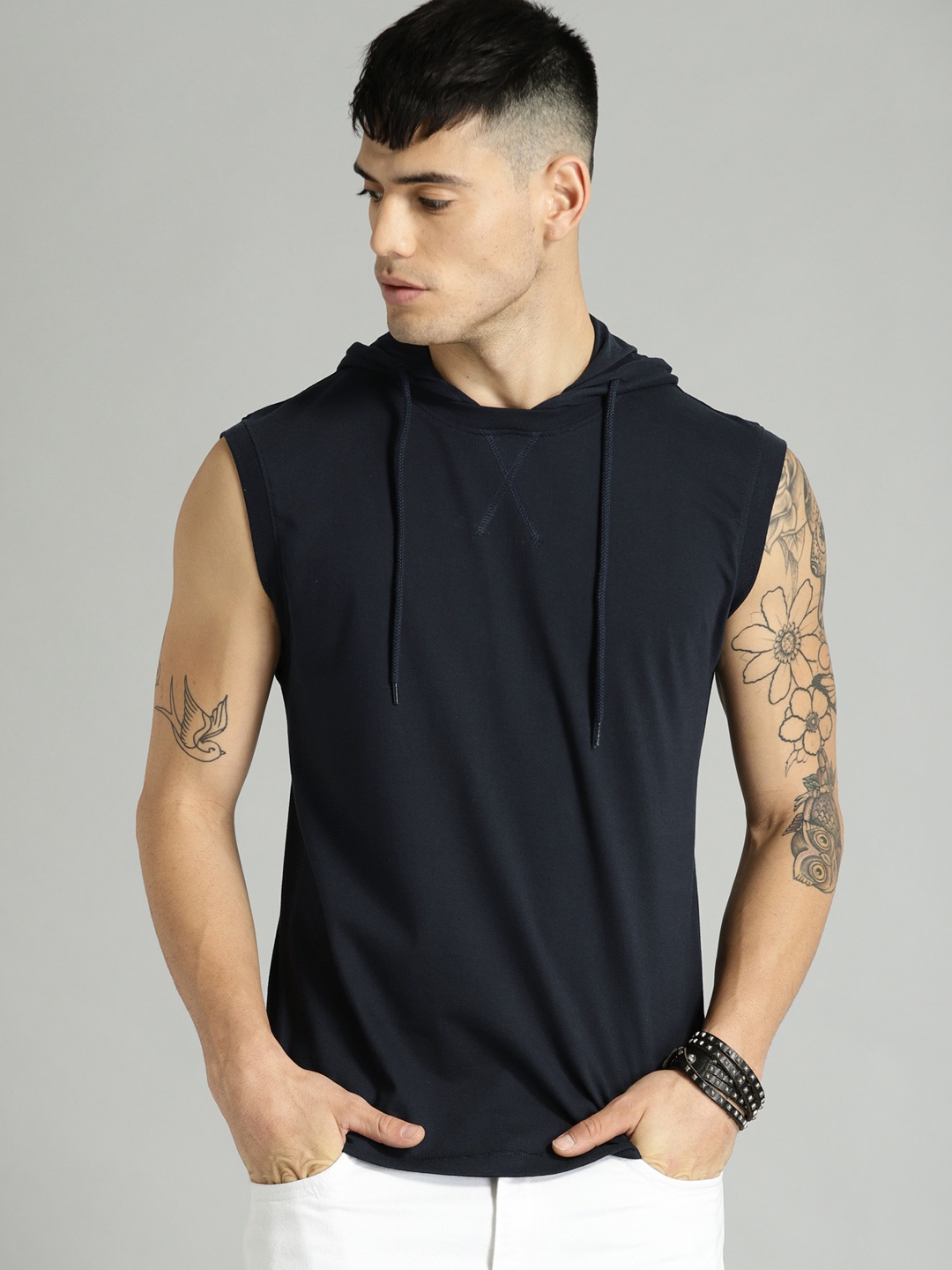 

Roadster Men Navy Blue Solid Sleeveless Hooded Pure Cotton T-shirt