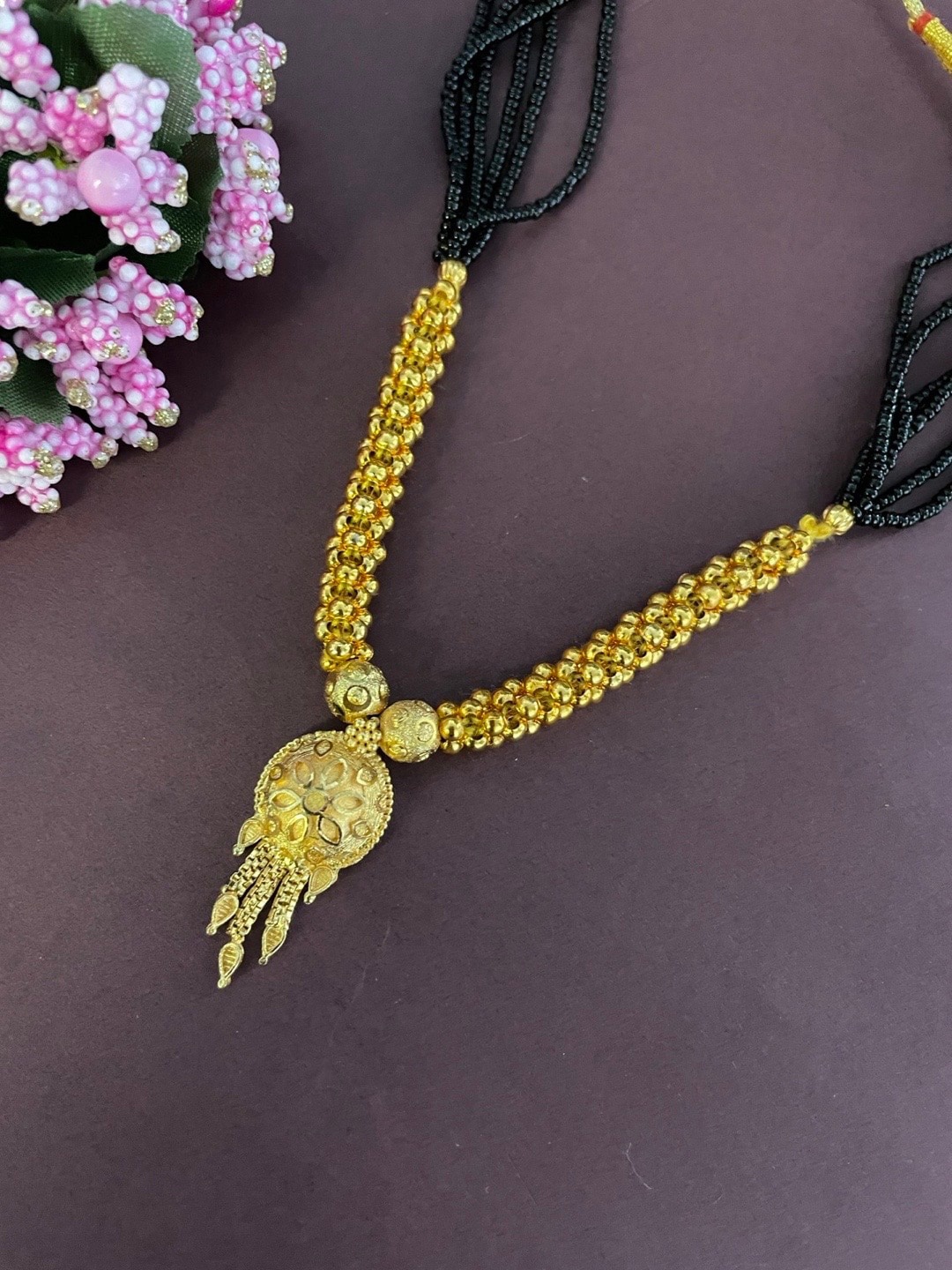 

Digital Dress Room Gold Plated Maharashtrian Short Pendant Gold & Black Beads Mangalsutra