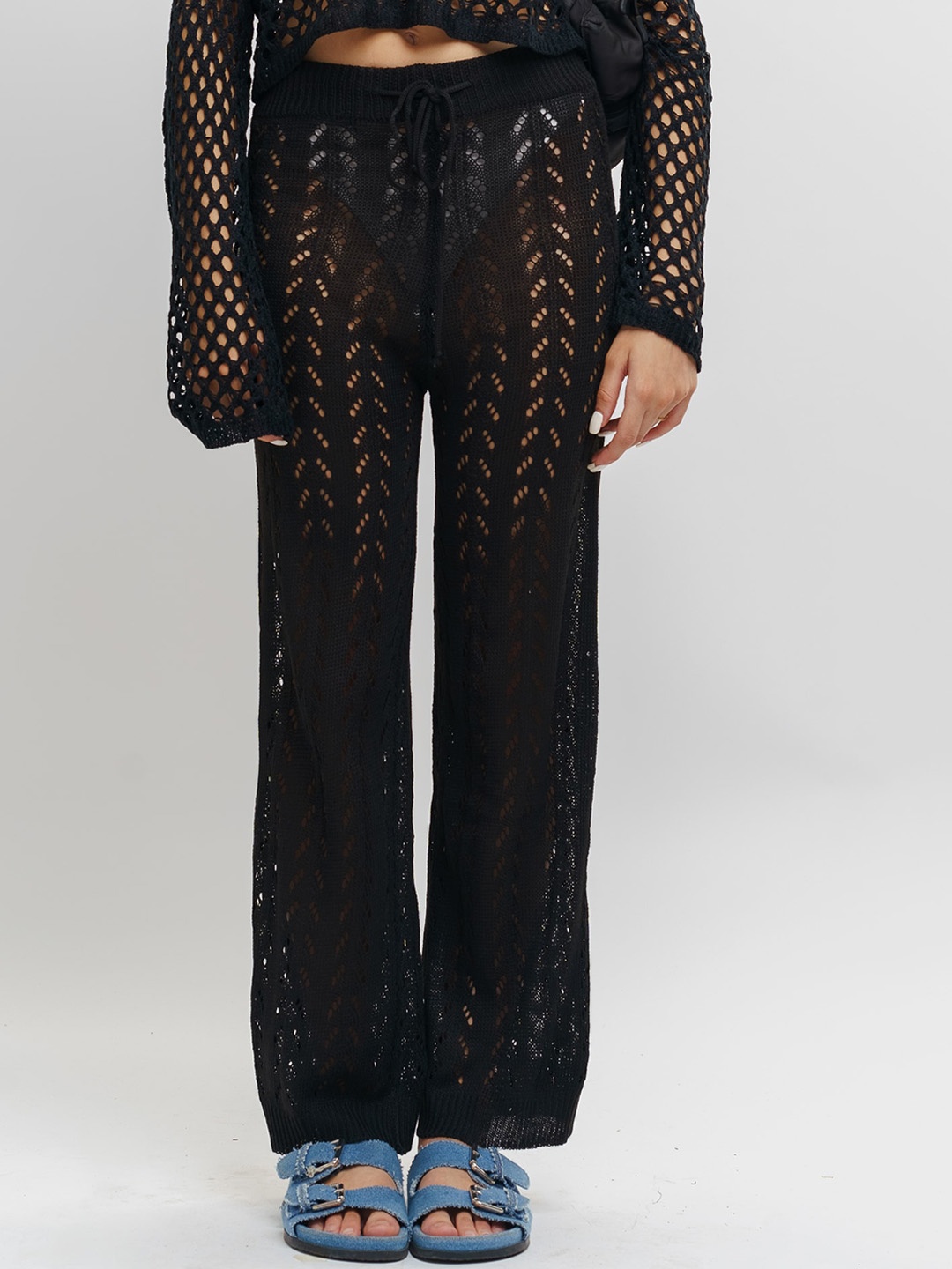 

FREAKINS Women Black Striped Semi Sheer Lace Ankle Length Trousers