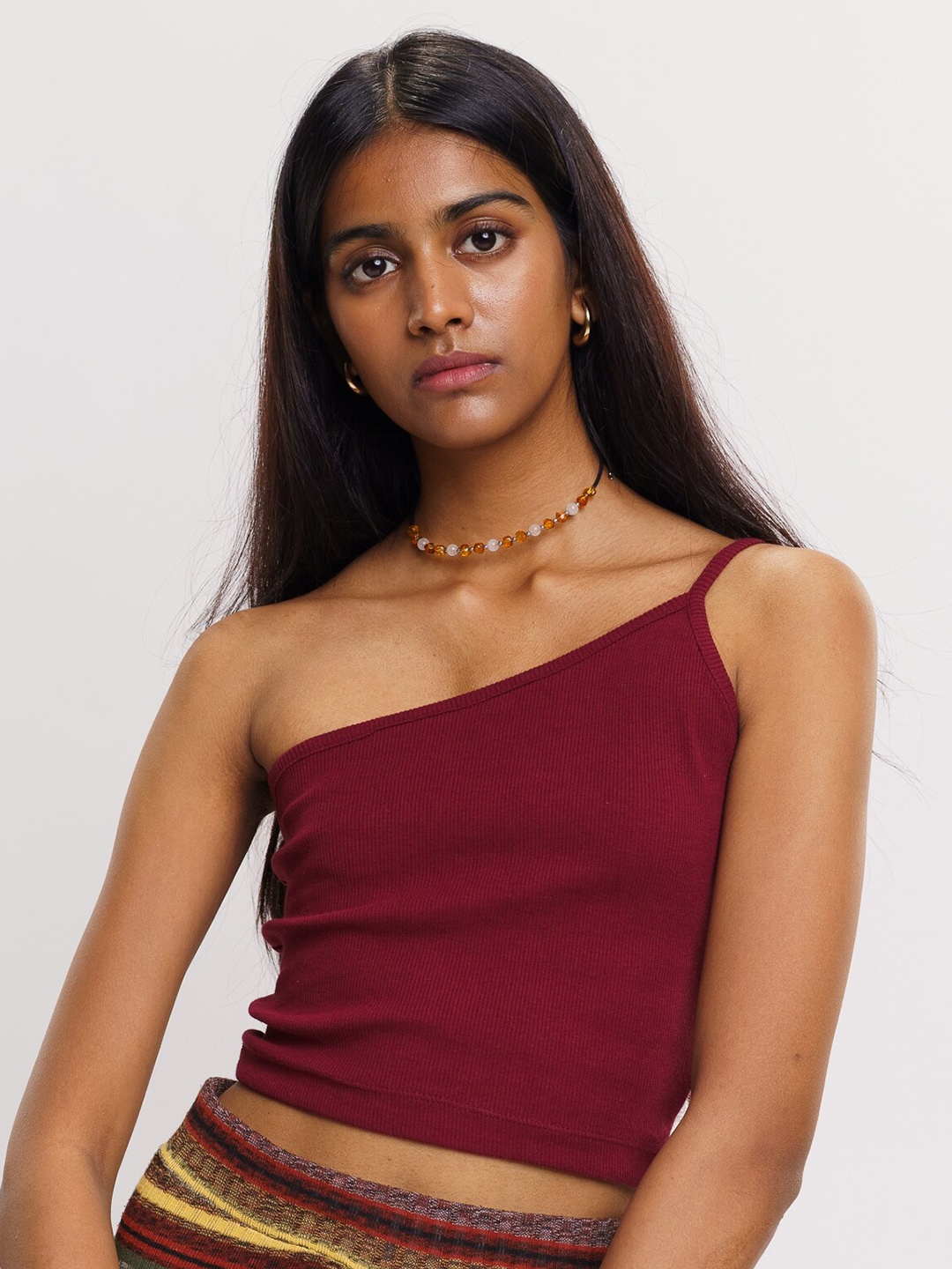 

FREAKINS One Shoulder Ribbed Fitted Crop Top, Maroon