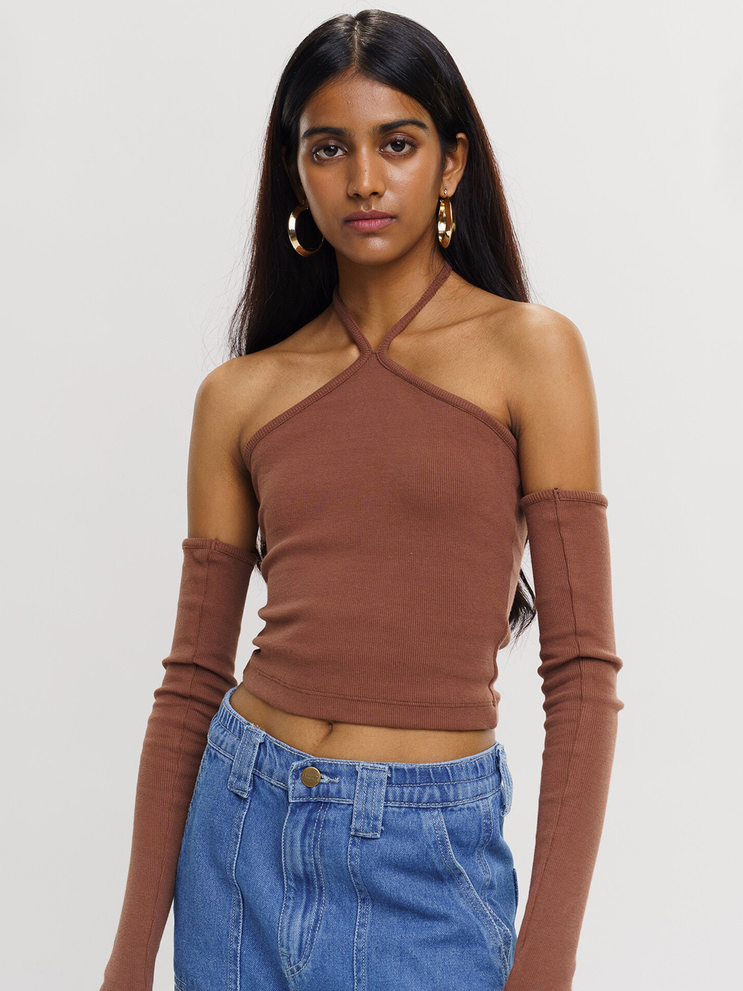 

FREAKINS Halter Neck Crop Top, Brown