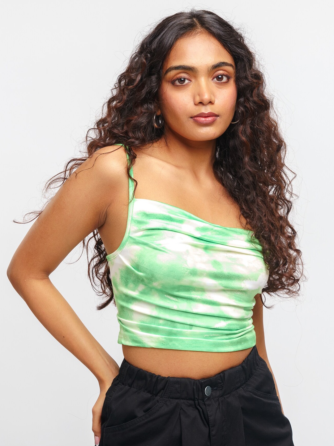 

FREAKINS Tie & Dyed Shoulder Straps Fitted Crop Top, Green