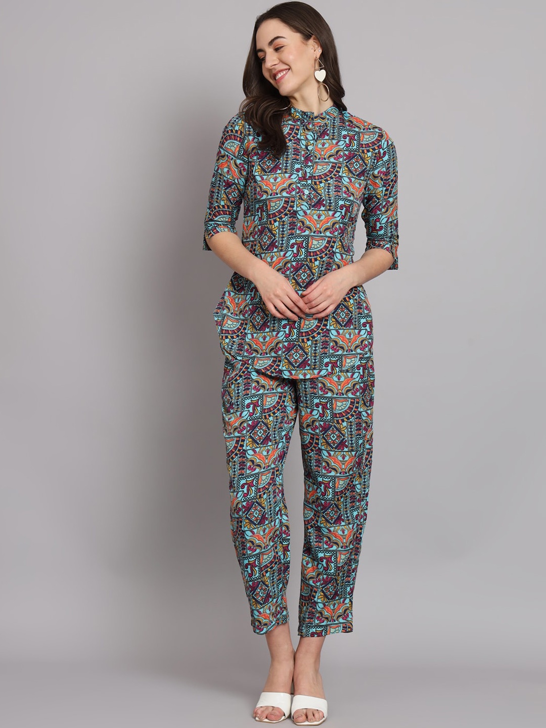 VAARARO Ethnic Motif Printed Band Collar Top With Trousers Co-Ords, Blue