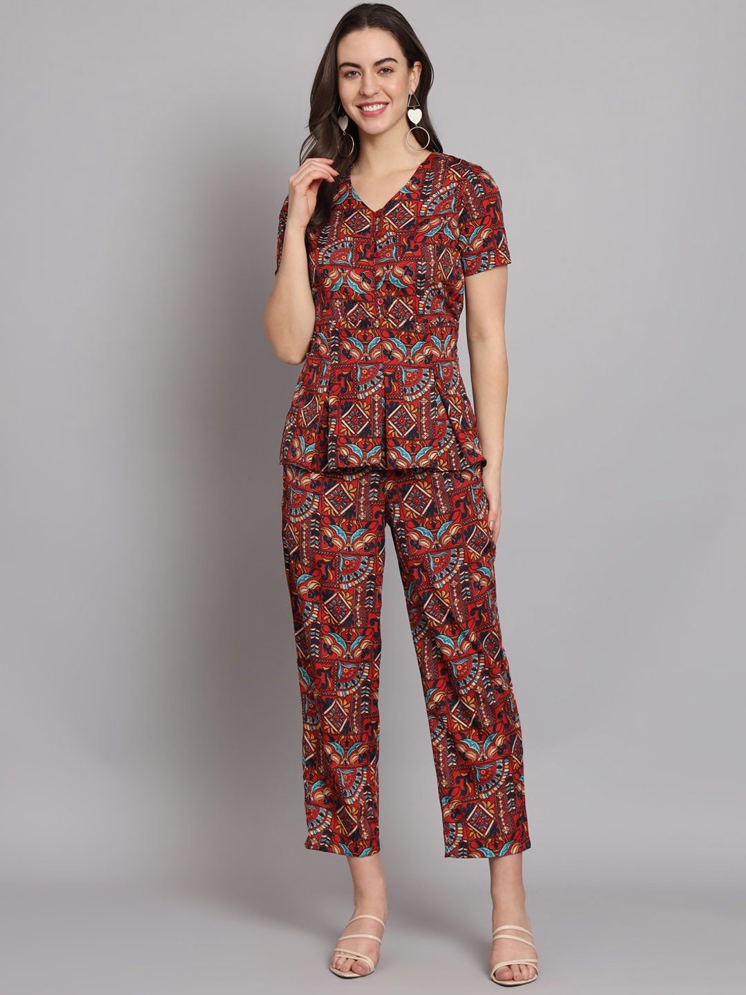 

VAARARO Ethnic Motif Printed Top With Trousers Co-Ords, Red