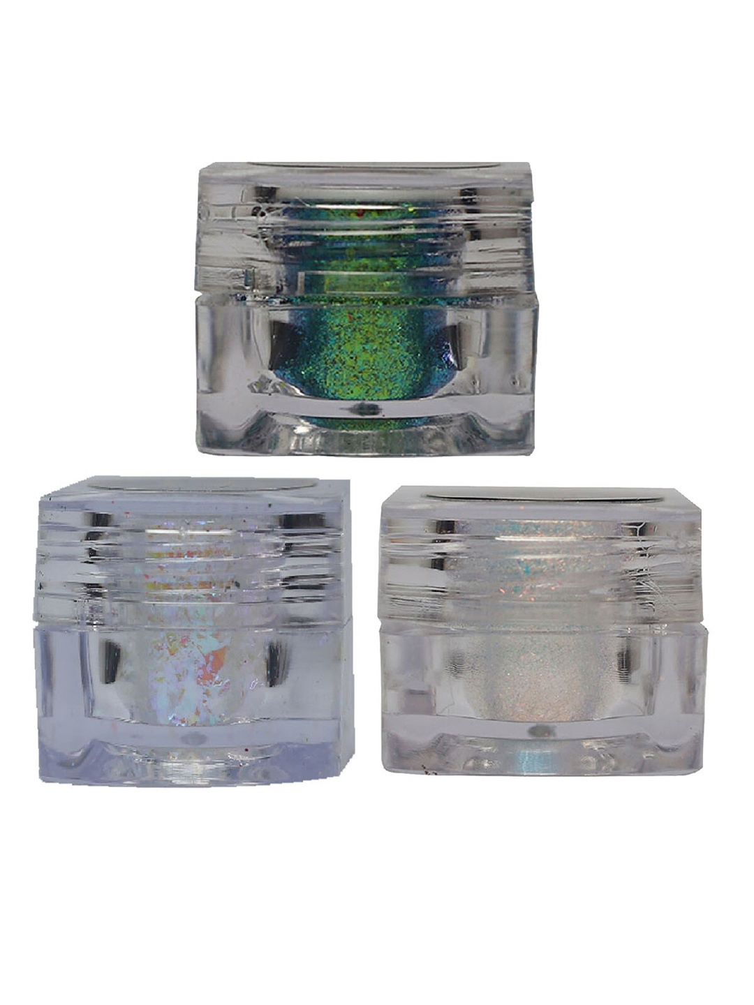 

Veoni BELLE Set of 3 Multichrome Glitter Eyeshadow 5g Each - Aqua-Snowhite-Rose Gold, Silver